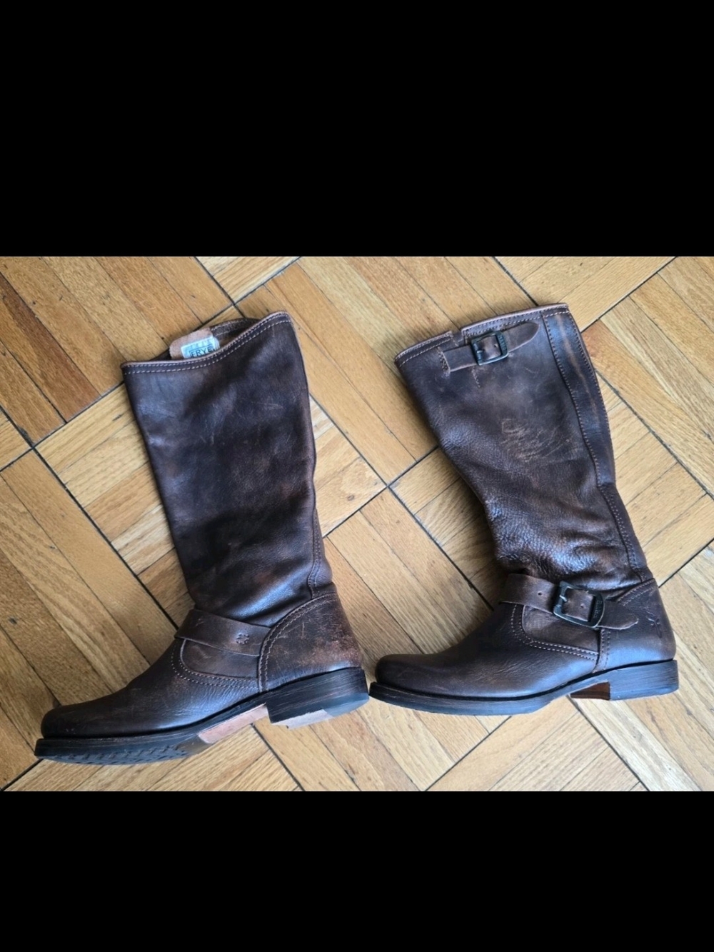 Frye Veronica Slouch Brown Leather Buckle Calf Boots - Picture 2 of 7